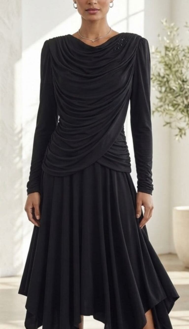 Vintage 80's Gorgeous Draped Poly Knit Hanky Hem Formal/Cocktail/Party Dress